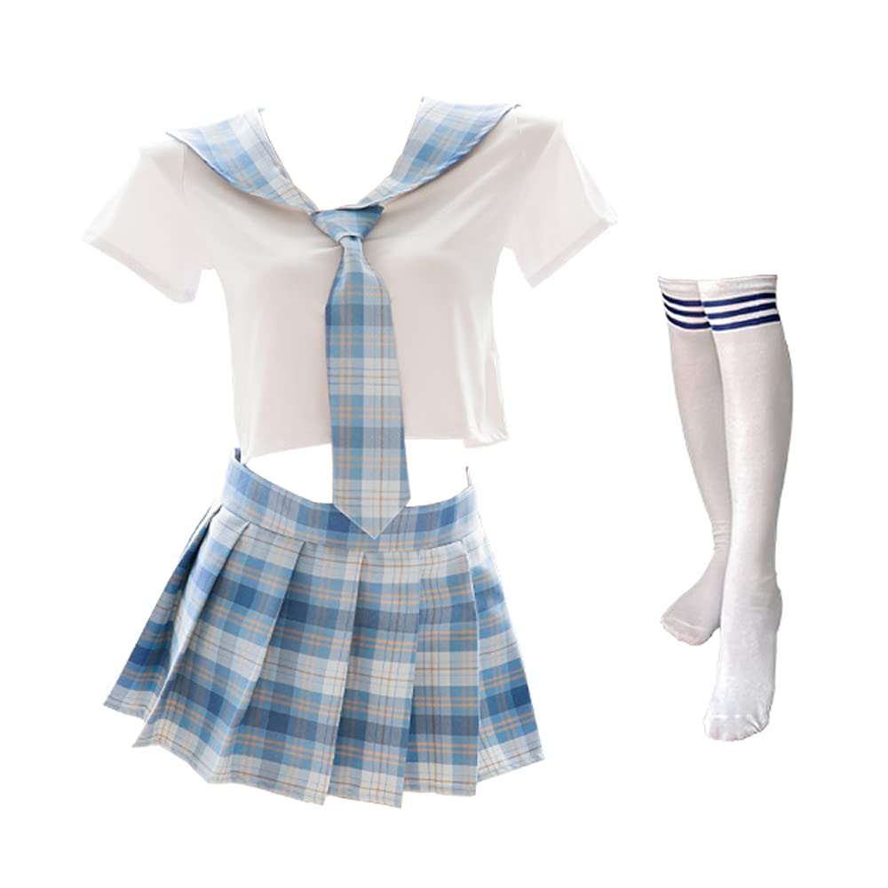 Schoolgirl Outfits Japanese Plaid Pleated Skirt JK Uniform Cosplay Lingerie (7039White Blue), 7039white Blue, One Size
