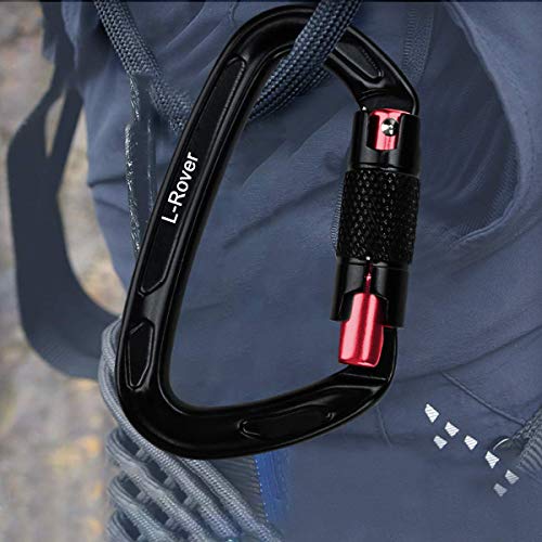 L-Rover Ultra Sturdy Twist Lock Climbing Carabiner Clips, Auto Locking and Heavy Duty Caribeaners, x2/24kN/5400-pound Rating for Hammocks, Rappelling (Auto Locking,24KN,Black/Red) - Thumbnail 6