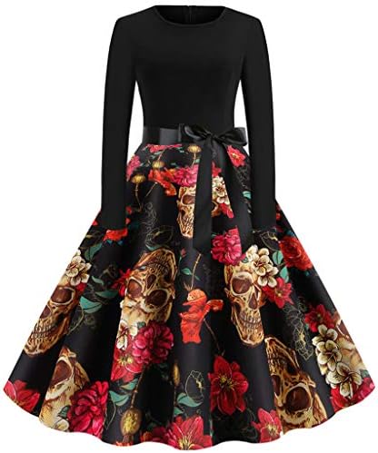 Womens Halloween Vintage Printed Dress Ladies Halter Vest Swing Dresses Tie Waist Slim Tank Tops Dress