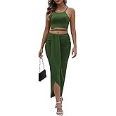 HUUSA Women's Sexy 2 Piece Skirt Sets Elegant Bodycon Maxi Dress Sleeveless Tank Shirt Tops High Waist Ruched Slit Long Dress