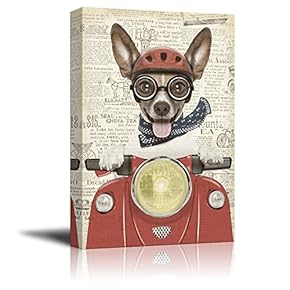 Creative Animal Figure on Vintage Paper Canvas Wall Art - A Dog Riding a Red Motorcycle - Giclee Print Gallery Wrap Modern Home Art Ready to Hang - 12x18 inches