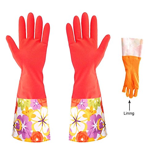 Womens Kitchen Rubber Cleaning Gloves,Latex Glove with lining Household waterproof dishwashing Glovesï¼ˆ2 pairs)