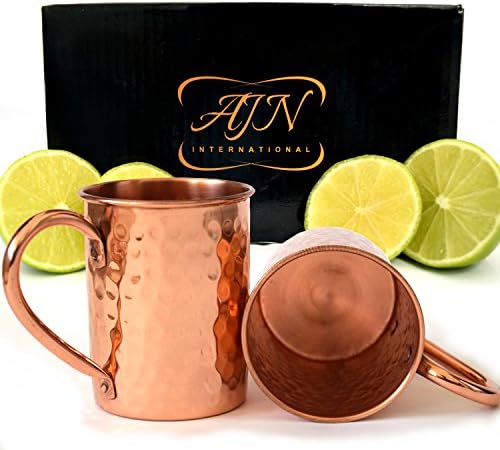 AJN International Moscow Mule Copper Mugs Set of 2 - 100% Pure Copper - 16 Oz Copper Moscow Mule Mugs - Solid Copper Hammered Mug - Copper Cups for Moscow Mules - Luxury Gift Set