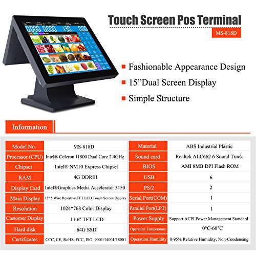 ZHONGJI 15 Inch Point Of Sale Cash Register Sales Bundle (Intel J1800 2.4GHz/64G SSD/4GBRAM) With Cash Box,80mmThermal Printer&Paper,Keyboard and Mouse For Restaurant Bars SMEs (MS-818D)