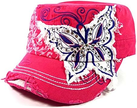 Leader Original Vintage Cadet Cap Distressed Style Hat with Bling Butterfly Hot Pink