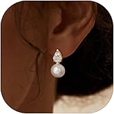 Fwlisesa Pearl Earrings for Women, 14k Gold Plated CZ Formal Pearl Stud Earring Hypoallergenic Gold Earrings for Women Trendy Dainty Bridal Pearls Drop Earrings Fashion Wedding Jewelry