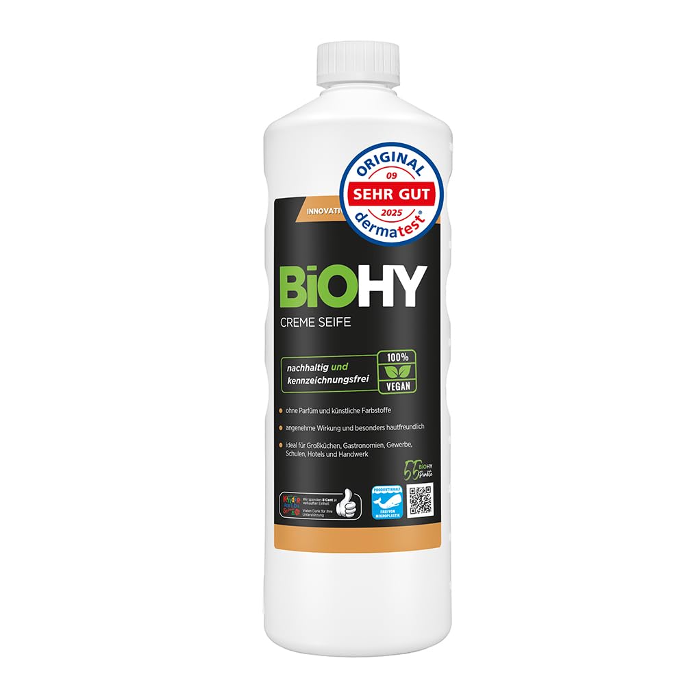 BiOHY Cream Soap (1l Bottle) | Gentle, refatting and odourless hand soap refiller from the vegetable sector PHOSPHATE-FREE | Without perfume and colouring (Creme-Seife)