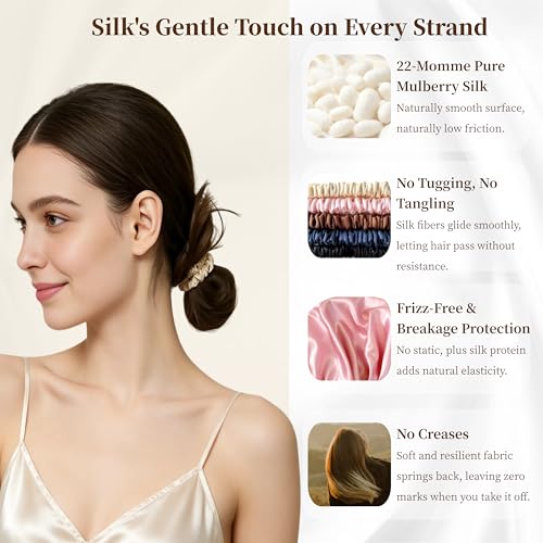 5Pcs Pure Silk Hair Scrunchies, 100% Mulberry Silk 22-Momme, Soft Skinny Hair Ties, No Crease, Frizz-Free, No Snagging, Lightweight Elastic Small Scrunchy for Women and Girls (Multicolor A)
