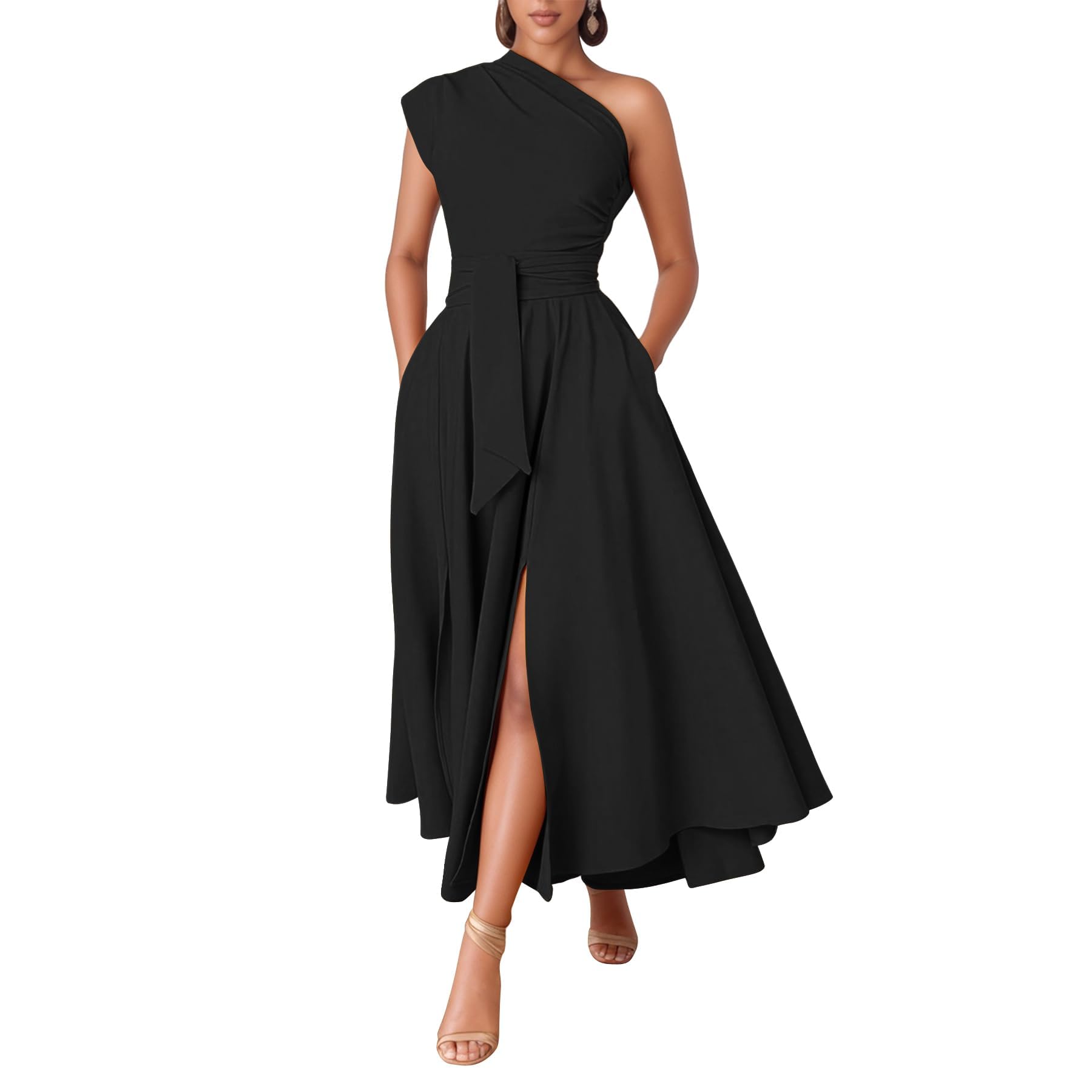 Photo 1 of Kwunbwa One Shoulder Dresses for Women Elegant Asymmetrical A Line Flowy Formal Evening Gowns Party Cocktail Dress Black