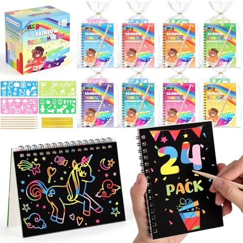 LovesTown Scratch Art Party Favors for Kids, 24 Pack Rainbow Scratch Notebook Craft School Supplies for Goodie Bags Stuffers Classroom Prizes Birthday Gift