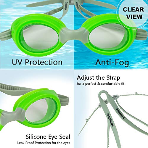 Splaqua Kids Swim Goggles for Boys and Girls - Adjustable Straps, Silicone Eye Seal, UV Protection and Anti Fog Lenses Swimming Goggle - Neon Green