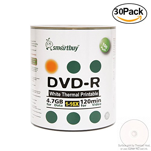 Smartbuy 4.7gb/120min 16x DVD-R White Thermal Hub Printable Blank Recordable Media Disc (3000-Disc)