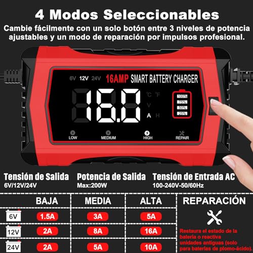 HTRC Car Battery Charger 16A 6V/12V/24V, Car Battery Charger with LCD Display Compatible with Boats, SUVs, Motorcycles and Lithium, LiFePO4, Lead-Acid Batteries (AGM, Gel, MF, EFB, SLA, Wet)