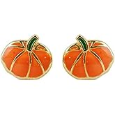 Cute Pumpkin Tiny Small Stud Earrings for Women 925 Sterling Silver Hypoallergenic Enameled Halloween Thanksgiving Fall Party Jewelry Gifts