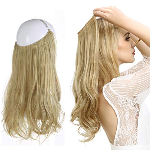 Short Blonde Hair Extensions Halo Wire Sercet Crown Synthetic Wavy Curly Hairpieces For Women Invisible Heat Resistant Fiber 14" 3.8oz SARLA M04&22/613