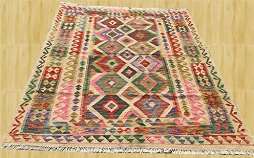 Afghan Oriental Hand Woven Chobi Vegetable Dyed Wool Kilim Area Rug 6.4 x 5.0 FT (3972)