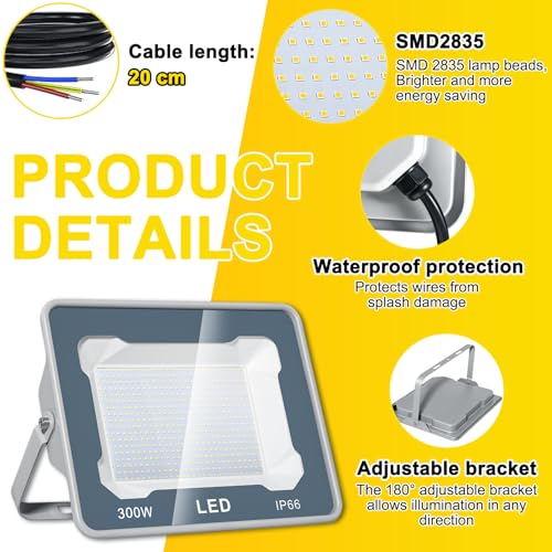 CREATESTAR Outdoor LED Spotlight 300 W, Outdoor LED Spotlights 6500 K 30000 LM Cool White Light, IP66 Waterproof Outdoor Spotlight for Sports Warehouse Garage Garden Parking Field Courtyard, 1 Pieces