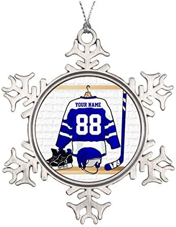Personalized Blue and White Ice Hockey Jersey Ceramic Round Christmas Ornament