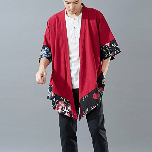 LZJN Men's Vintage Kimono Cardigan Cotton Linen Cloak Poncho Open Front Coat (Red, L)
