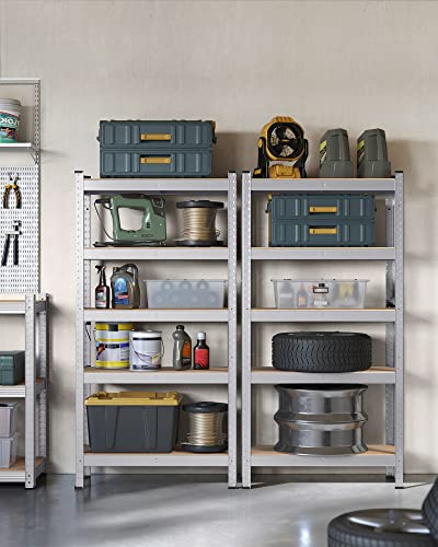 SONGMICS 5-Tier Shelving Unit, Set of 2 Steel Shelving Unit for Storage, Boltless Assembly, for Garage, Shed, Load Capacity 650 kg Each, 30 x 75 x 150 cm, Silver GLR030E02