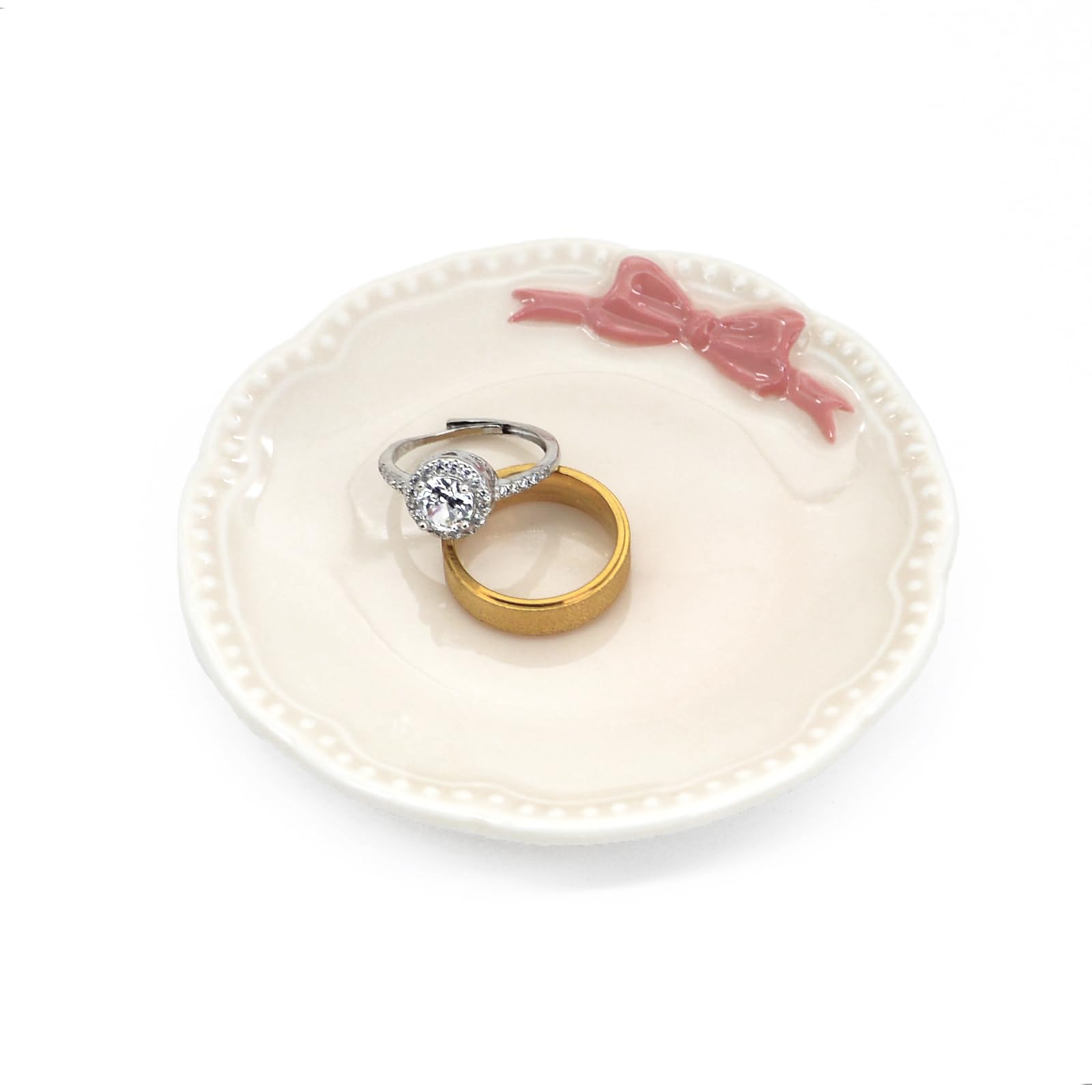 Photo 1 of Ardax Ceramic Ring Holder Dish, White with Pink Bow, Small Jewelry Tray for Vanity