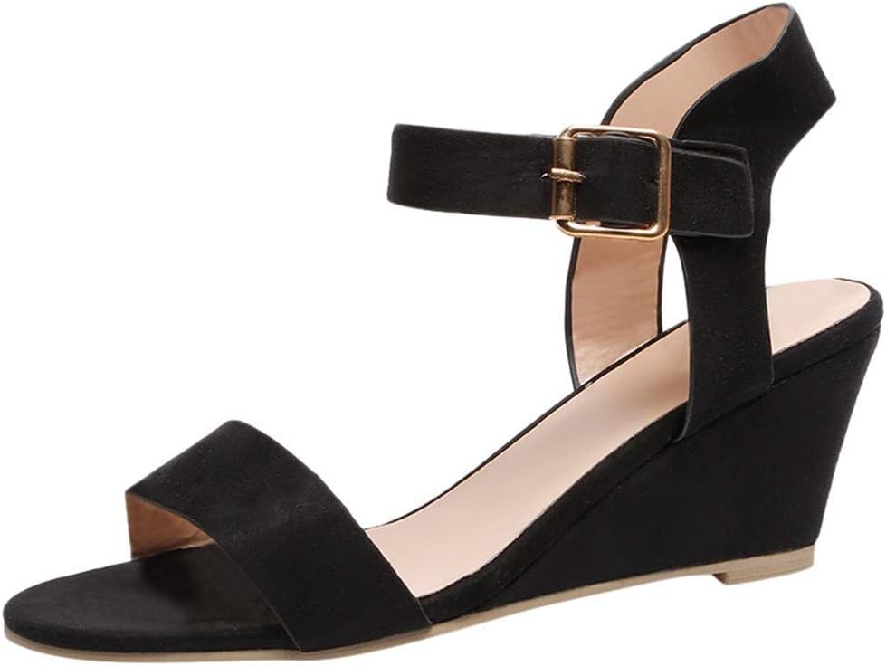 W Collection Womens Open Toe Wedge Sandal Ankle Strap Over Toe Mid High Heel, Black, 7.5
