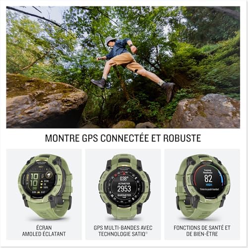Instinct 3, AMOLED (édition limitée)- Montre GPS Robuste et connectée – Vert Sauge avec Bracelet Silicone Vert Sauge – Boîtier 50 mm