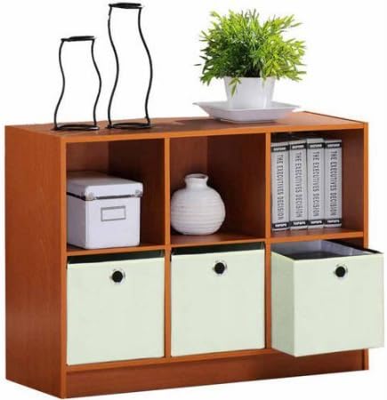 Furinno 99940 Basic 3X2 Bookcase Storage with 3-Collapsible Bins - Light Cherry/Ivory