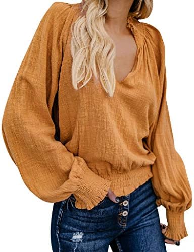 Women Blouse Top Clearance Sunday77 V-Neck Solid Linen Short Puff Sleeve Ruched Loose Long Sleeve Casual Shirt Pullover Khaki