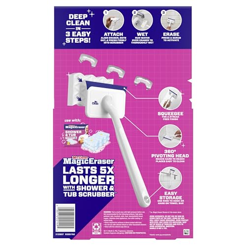 MR. CLEAN MAGIC ERASER SHOWER & TUB SCRUBBER, BATHROOM CLEANER, ALL IN ONE BATHROOM CLEANER, LEMON STARTER KIT, 1 SCRUBBER & 2 FOAMING MAGIC ERASERS