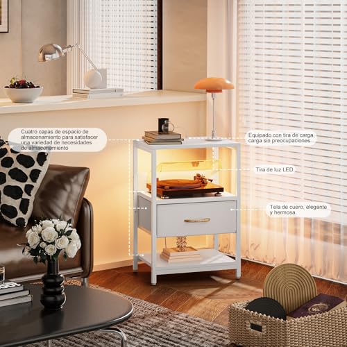 SIMPLE ESPACIO Buros para recamara -Mesita de Noche,Mesa Auxiliar con Estación de Carga 2 enchufes y Puertos USB y Tira luz LED.(cajón Tela Cuero Blanco)