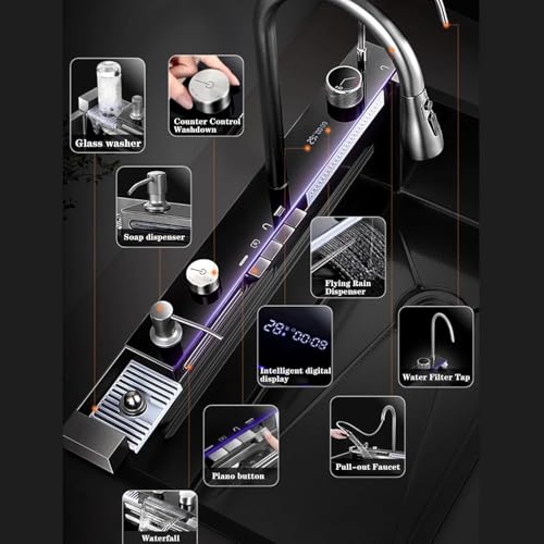 4 Water Outlet Modes Waterfall Kitchen LED Sink with Multifunctional Digital Display Faucet - Durable Stainless Steel Single Bowl Workstation Sink(Size: 80 * 45 * 22cm)