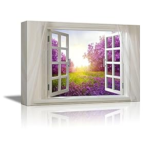 Glimpse into Beautiful Purple Landscape in Spring Out of Open Window Canvas Wall Art Stretched Canvas Prints | Giclee Printing Ready to Hang - 24" x 36"