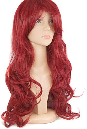 HSG Sexy Lady Cosplay Bright Red Wigs Oblique Bangs Long Curly Hair Wigs for Party Costume+wig Cap