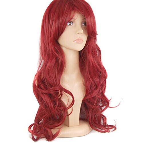 HSG Sexy Lady Cosplay Bright Red Wigs Oblique Bangs Long Curly Hair Wigs for Party Costume+wig Cap