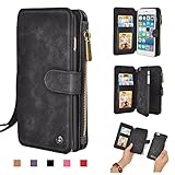 iPhone 7 Plus Wallet Case, Premium PU Leather Zipper Cellphone Purse [Card Slots] [Stand] [Wrist/Shoulder Strap] Detachable Cover for Apple iPhone 7 Plus 5.5