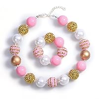 BUENAVO Chunky Bubblegum Necklace Pink Gold Fashion Beads Baby Jewelry Children Necklace Bracelet Set Birthday Outfit with Gift Box and Greeting Card