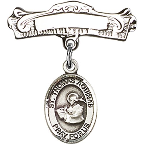 Sterling Silver Baby Badge with St. Thomas Aquinas Charm and Arched Polished Badge Pin 7/8 X 7/8 inches