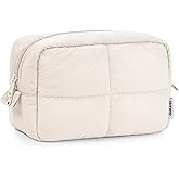 Narwey Puffy Makeup Bag for Travel Women Girl, Quilted Makeup Bag Cosmetic Bag, Cute Puffer Make up Organizer Bags, Travel Toiletry Bag Toiletries (Beige)