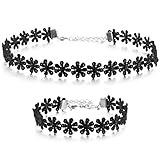 MOWOM Black Stainless Steel Lace Bracelet Necklace Choker Collar Tattoo Flower Set Adjustable