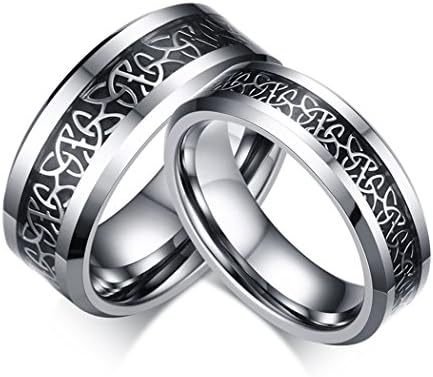 6mm and 8mm Lovers Tungsten Ring Engagement Wedding Band Ring with White-Plated Celtic Knot Triquetra over Black Carbon Fiber Inlay for Couples