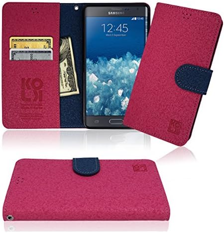 Note Edge Cork Wallet Case, ID / Credit Card 1 Cash Slot, Power Magnetic Clip For Samsung Galaxy NoteEdge Cover Flip Diary 2 Tone (Pink with Navy)