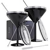 vaanshie 8 oz. Vacuum Sealed Martini Glass [Black/Set of 2] - Stainless Steel Martini Glass, Insulated Tumbler with Straws, Olive Pins, Straw Cleaner, Insulated Glass for Valentines Day Gift