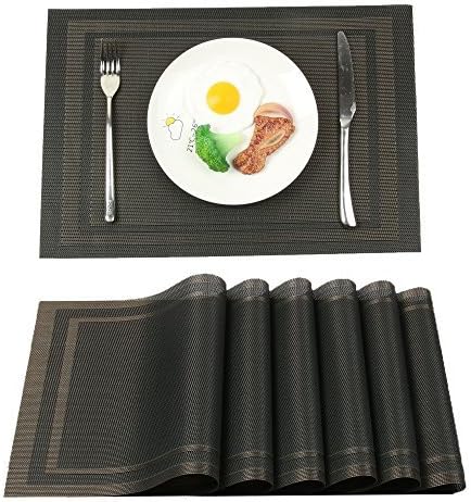 Ivalue PVC Placemats Heat Resistant Woven Table Place Mats for Kitchen Washable Vinyl Table Mats Set of 6（Black gold) …