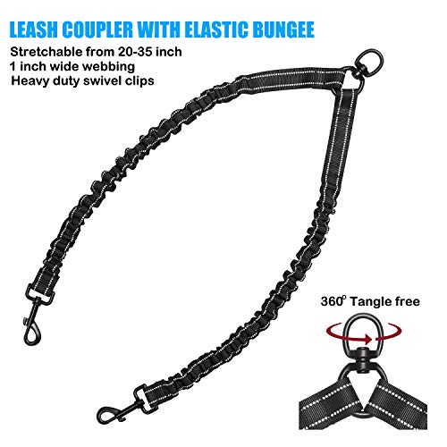 haapaw Two Dog Leash Coupler - 2 Dog Leash Tangle Free, Stretchable from 20 to 35 Inch - Comfortable Handle Dual Dog Leash for 2 Dogs with a Free Collapsible Dog Bowl (Black/red)