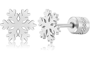 Hopply Winter Snowflake Christmas Earrings Stud for Women's, Titanium Screw Back Stud Earrings Jewellery Gifts, Hypoallergenic Surgical Stainless Steel 20G Helix Piercing Post for Sensitive Ears