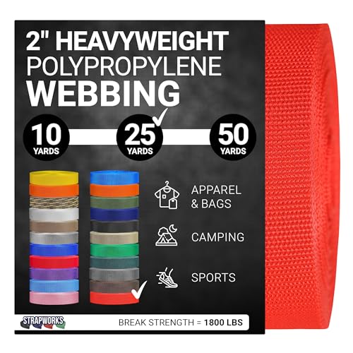 Strapworks Heavyweight Polypropylene Webbing - Heavy Duty Poly Strapping for Outdoor DIY Gear Repair, 2 Inch x 25 Yards - Blood Orange