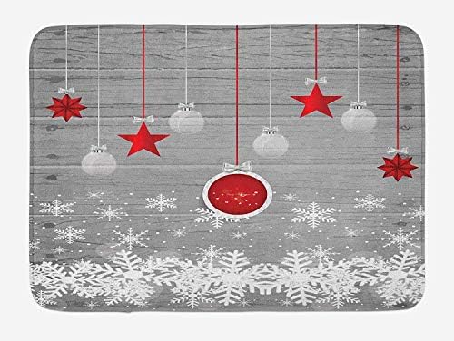 Casepillows Christmas Bath Mat, Traditional Celebration Theme with Pendant Stars Baubles Ornate Snowflakes, Plush Bathroom Decor Mat with Non Slip Backing, 23.6 x 15.7 Inches, Grey Red White