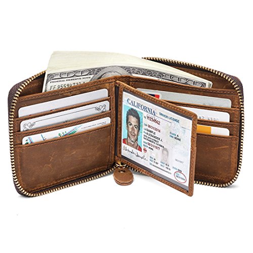 Huztencor Zipper Wallet Men Leather RFID Blocking Wallets for Men with ID Card Window Secure Zip Around Bifold Wallets Brown(FBA)
