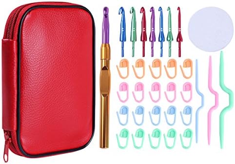 KOKNIT Crochet Hook Sets 8 Size 3.0-6.5mm Interchangeable Hook Sweater Needle Sewing Needles Accessories Set with Waterproof Case (Red Pu Case)